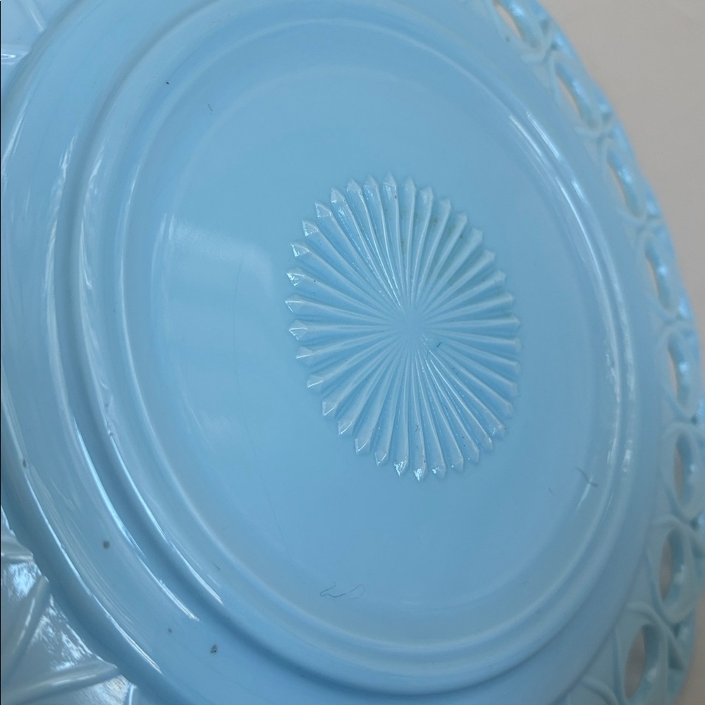 Challinor & Taylor blue milk glass slag glass 8” and 10” scroll and eye plates - Picture 7 of 14